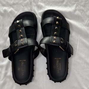 Valentino Black Rockstud Slides with Gold Studs